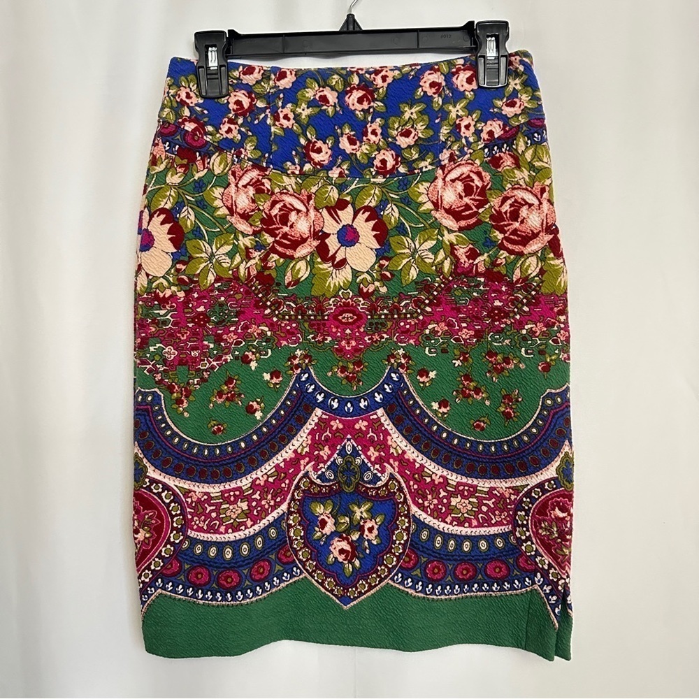 Maeve by Anthropologie Sheffield Textured Pencil Skirt Green Floral Print sz 2